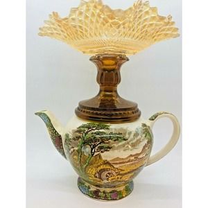 Antique Sadler "The Old Mill" Teapot Federal Glass Candy Dish Made in England